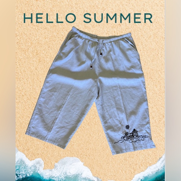 Palm Grove Women's  2X  Beige Palm Flower Printed Pull On Cropped Pants Wide Leg - Picture 2 of 16